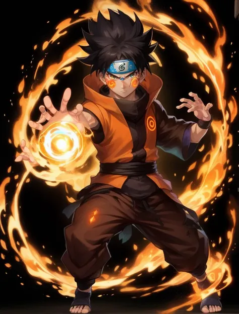 1boy, baggy pants, bandages, black background, black hair, casting spell, energy ball, fire, forehead protector, full body, glowing, konohagakure symbol, magic, male focus, pants, solo
 <lora:sdxl_casting_spell-000003:0.65>