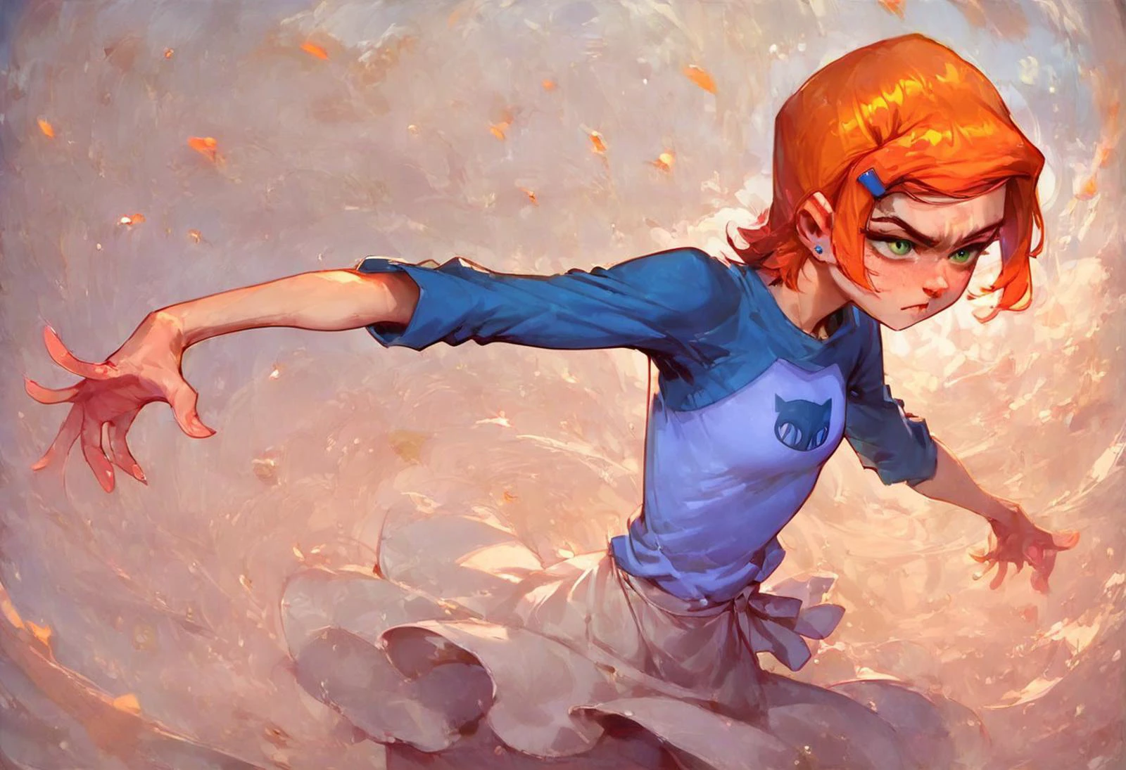 score_9, score_8_up, score_7_up, score_6_up, score_5_up, score_4_up, detailed background, detailed, beautiful, young, colorful, contrast lighting, cozy, detailed character, full body shot, spell casting pose, concentrated gaze, serious, gwen tennyson (/Ben10)/,(ultra HD quality details), bright orange hair, short hair, (green eyes), pink magic on hands, magic flames, magic sparkles, realistic skin, realistic hair, shade on top of face, dramatic, american street, keep fighting, action shot, pink magic flames, smoke, magic embers, veiw from side, narrow street, negative_hand, powerful magic, cinematic, Style-EMCG, focus on hand, detailed face, detail1eye, space texture magic, dark aura, casting spell, pink spell, leg kick
