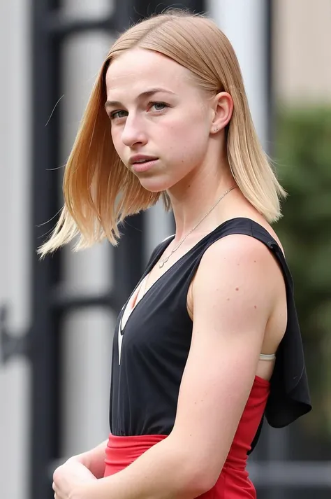 a young woman, (JackieGroenen_V1), street, ponytails, (muted colors:1.2), dramatic, (long flowing hair), (dress), red lipstick, realistic[:, (film grain, 25mm, f/1.2, dof, bokeh, beautiful symmetrical face, perfect sparkling eyes, well defined pupils, high contrast eyes, ultra detailed skin, skin pores, vellus hair, fabric stitching, fabric texture, wood grain, stone texture, finely detailed features:1):0.9]