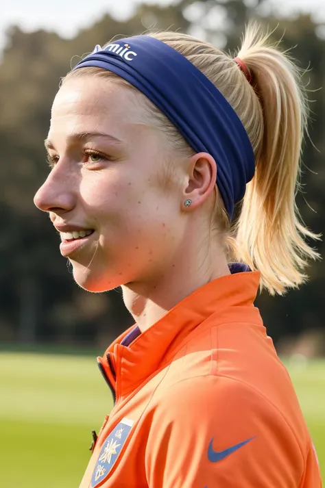 (JackieGroenen_V1), joyfully smiling at the camera slightly opening her eyes, (headband), wearing a orange coat, side view, golden hour, portrait, healthy, athletic