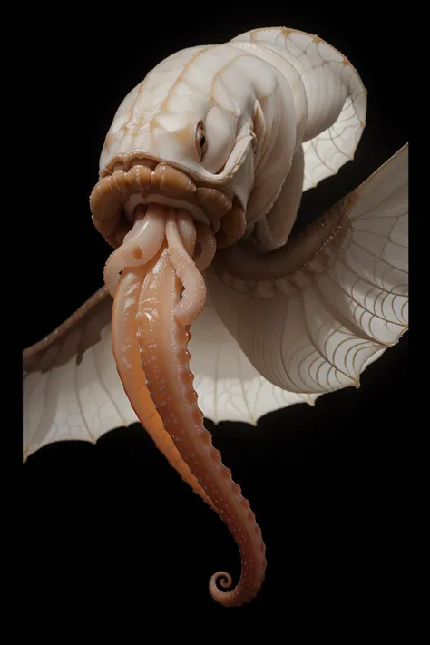 Compact Otherworldly Translucent Minimalist Cephalopod,Multi-Jointed Appendages,Long-Tailed,Wooly Fur,Angelic Wings,Long Horns Fang-Filled Mouth Black