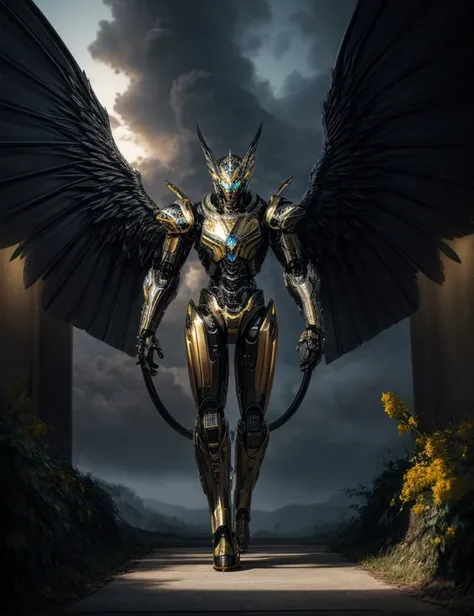 ((best quality)), ((masterpiece)), ((realistic)), (detailed), Big Monstrous Cyborg Sleek Robotic, Furry Appendages, Curved-Tailed, Luminescent Skin, Elongated Ears, Seraph Wings, Goldenrod, ((masterpiece)), 8K, HDR, <lora:add_detail:1>, <lora:LowRA:0.5>
