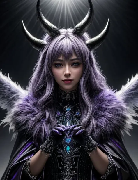 ((best quality)), ((masterpiece)), ((realistic)), (detailed), Average Elusive Crystalline Polished Crystalline, Hexapod Decamanual, Four-Fingered Hands, Spiked-Tailed, Luminescent Skin, Furry Ears, Dark Wings, Straight Horns Lavender, ((masterpiece)), 8K, HDR, <lora:add_detail:1>, <lora:LowRA:0.5>