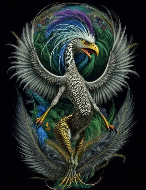 ((best quality)), ((masterpiece)), ((realistic)), (detailed), Vibrant Rhythmic Alien Ethereal, Feathered Appendages, Trifurcated-Tailed Long-Tailed, Feathers, Dalmatian Spot Pattern, ((masterpiece)), absurdres, HDR, <lora:add_detail:1>, <lora:LowRA:0.5>