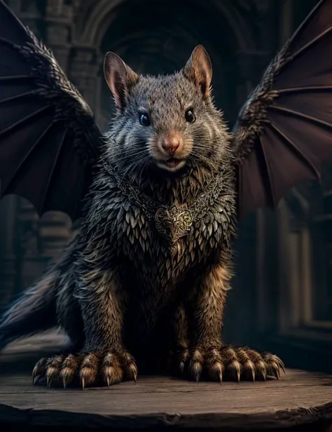 ((best quality)), ((masterpiece)), ((realistic)), (detailed), Large Cunning Harmonious Eclectic Rodent, Multipedal Single-Armed, Six-Fingered Hands, Prehensile-Tailed, Smooth Skin, Gargoyle Wings, Mandible Claws Brown, ((masterpiece)), 8K, HDR, <lora:add_detail:1>, <lora:LowRA:0.5>