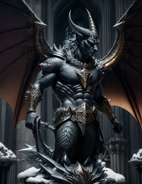 ((best quality)), ((masterpiece)), ((realistic)), (detailed), Huge Monstrous Scaled Sleek Angular, Webbed Appendages, Tufted-Tailed, Icy Scales, Horned Ears, Gargoyle Wings, Bronze, ((masterpiece)), 8K, HDR, <lora:add_detail:1>, <lora:LowRA:0.5>