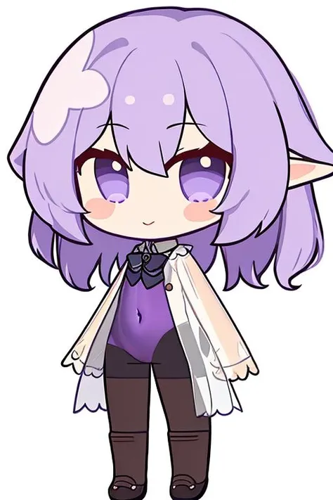 bhxy3,1girl,solo,outstretched arms, short hair , elf, purple hair,see-through bodysuit,full body,white background, simple background,chibi, <lora:ji-cc-000004:1>