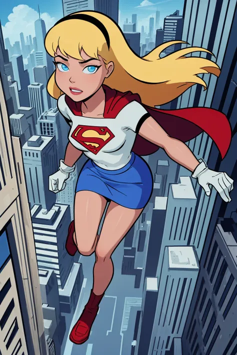 masterpiece, best quality, 1girl, supergirl, blonde hair, long hair, hairband, blue eyes, gloves, red cape, blue skirt, white shirt, blue sky, flying, city below <lora:Supergirl_DCAU:1>