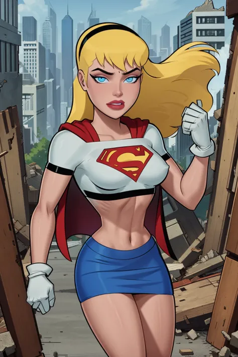 masterpiece, The best quality, 1 girl, Supergirl, blonde hair, Long hair, hair band, Blue eyes, Gloves, red cape, blue skirt, white shirt, blue sky, flight, city below, big thighs, wide hips, torn skirt, Hands on hips, playful smile, hands on ass, semen