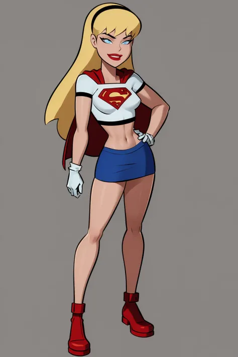 masterpiece, best quality, 1girl, supergirl, blonde hair, long hair, hairband, blue eyes, gloves, red cape, blue miniskirt, white crop top, footwear, smile, lipstick, solo, standing, contrapposto, simple background <lora:Supergirl_DCAU:1>