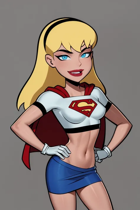 masterpiece, best quality, 1girl, supergirl, blonde hair, long hair, hairband, blue eyes, gloves, red cape, blue miniskirt, white crop top, smile, makeup, lipstick, hands on hips, simple background <lora:Supergirl_DCAU:1>