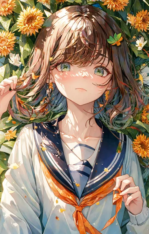 1girl, acorn, aki_shizuha, anger_vein, autumn, autumn_leaves, bangs, blush, braid, branch, brown_eyes, brown_hair, closed_mouth, daisy, dragonfly, eyebrows_visible_through_hair, falling_leaves, flower, ginkgo_leaf, green_eyes, grey_sailor_collar, hair_ornament, hair_ribbon, holding, holding_leaf, leaf, leaf_background, leaf_hair_ornament, leaf_on_head, leaf_print, lily_\(flower\), long_sleeves, looking_at_viewer, lying, maple_leaf, medium_hair, neckerchief, orange_flower, orange_theme, pink_hair, pinwheel, ribbon, sailor_collar, school_uniform, serafuku, shirt, solo, spider_lily, spoken_anger_vein, starfish, sweet_potato, traditional_media, upper_body, white_sailor_collar <lora:style_YZL:1>