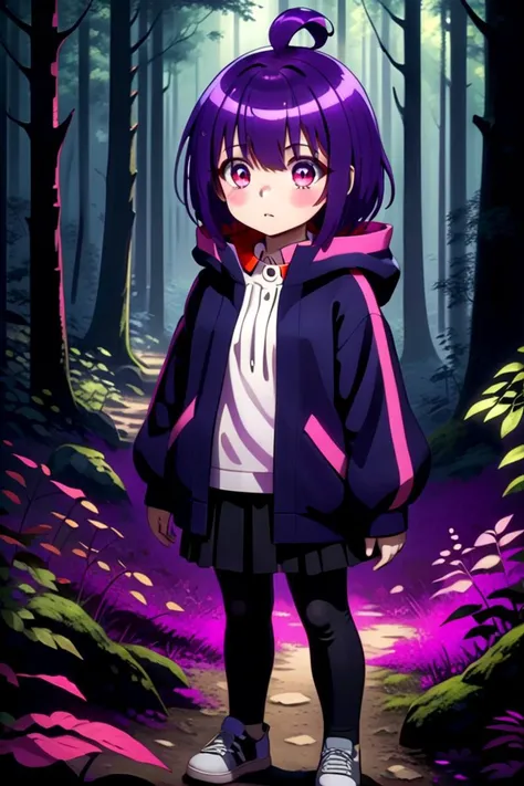 1girl named yayoi_hozuki, she has short purple hair with bangs,
Her eyes are red with a skill pattern,
she is wearing a long sleeved jacket and a white shirt,
she is standing in the forest, black pants
The soft lighting and detailed surroundings create an immersive environment where imagination runs wild hyper-detailed,hyper-detailed face, high quality visuals, dim Lighting, sharply focused, octane render, 8k UHD
 <lora:yayoi-000020:0.7>