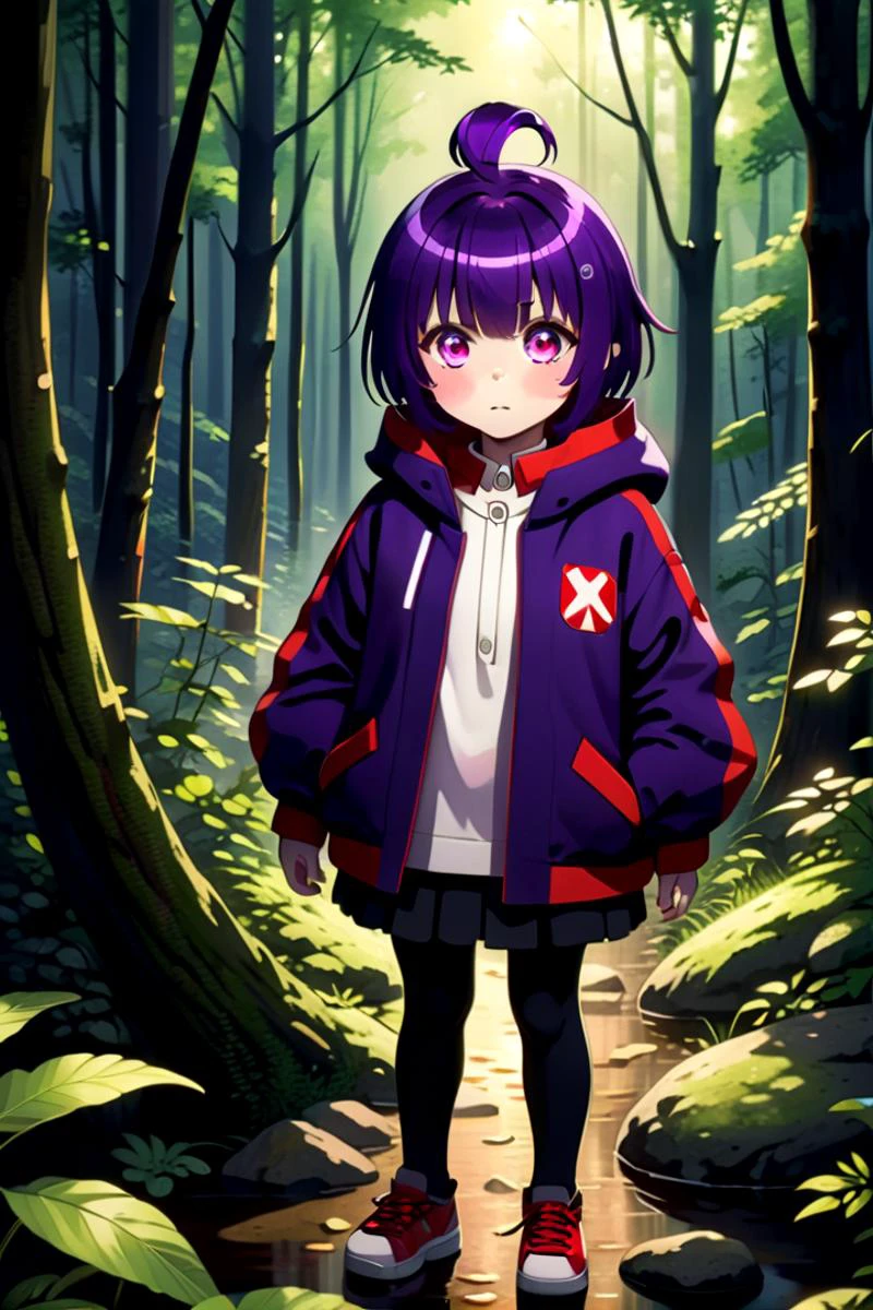 1girl named yayoi_hozuki, she has short purple hair with bangs,
Her eyes are red with a skill pattern,
she is wearing a long sleeved jacket and a white shirt,
she is standing in the forest, black pants
The soft lighting and detailed surroundings create an immersive environment where imagination runs wild hyper-detailed,hyper-detailed face, high quality visuals, dim Lighting, sharply focused, octane render, 8k UHD
<lora:yayoi-000020:0.7>