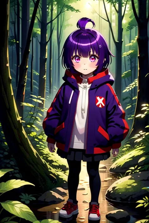 1girl named yayoi_hozuki, she has short purple hair with bangs,
Her eyes are red with a skill pattern,
she is wearing a long sleeved jacket and a white shirt,
she is standing in the forest, black pants
The soft lighting and detailed surroundings create an immersive environment where imagination runs wild hyper-detailed,hyper-detailed face, high quality visuals, dim Lighting, sharply focused, octane render, 8k UHD
 <lora:yayoi-000020:0.7>