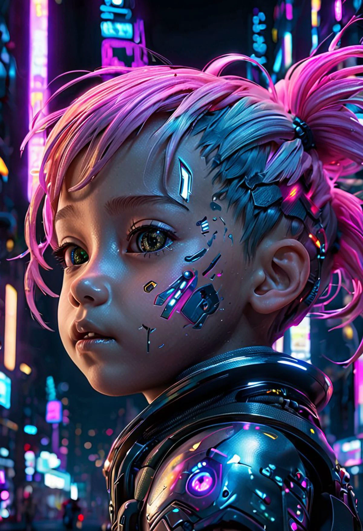 beautiful cyberpunk child, realistic skin, looking at viewer, science fiction street at night, looking at the viewer from the side,
neon cybernetic implants, neon gradient hair, shaved side, detailed eyes, natural light,
sharp focus, masterpiece, sharp details, intricate, highly detailed, 8K,, (3d style:0.5),