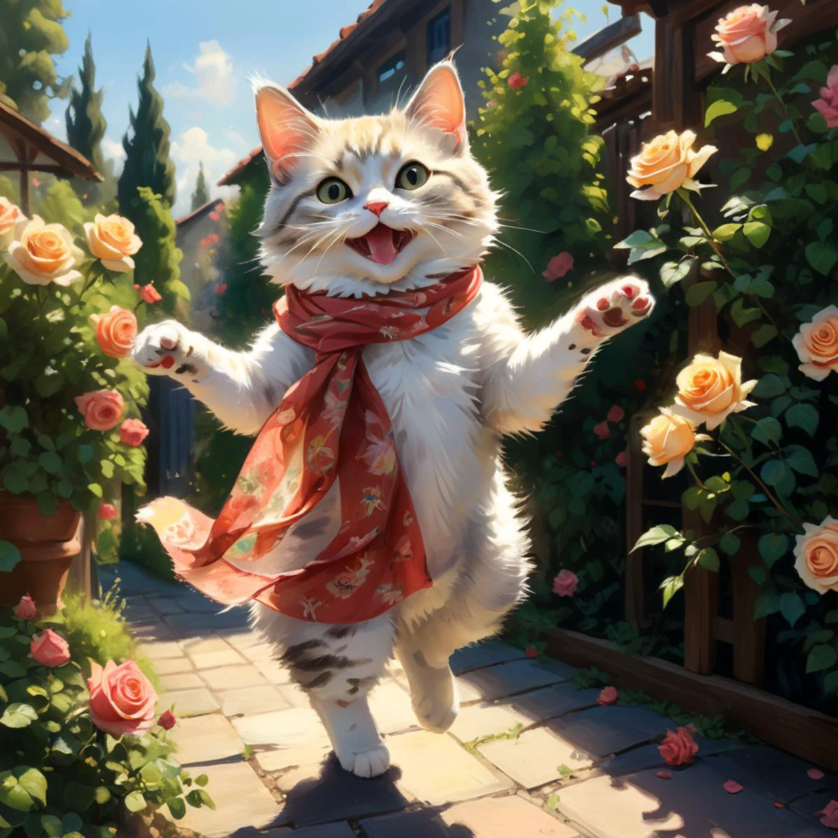 professional painting by Alayna Lemmer of a single cat wearing a small silk scarf. The cat is dancing and has happy expression. It is summer morning time and clear weather. There is a roses garden in the background. cinematic focus on the cat, dynamic pose, dynamic background, dynamic composition, dynamic lighting, realistic proportions, hdr, raytracing, extreme detailed, ultra detailed, intricate details, highly detailed atmosphere, highly detailed textures.