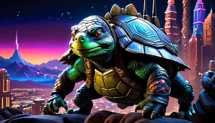 In this stunning piece, a Tortle warrior emerges from the shadows of a neon-lit cityscape in the background with a dark nebula sky, wearing in intricate armor that blends seamlessly with their scaly skin, they exude confidence and power as they walk towards down a mountain trail, contrast between the mountain side dark nebula sky beyond creates a sense of foreboding, hinting at the dangerous missions this tortle might undertake in their line of work, With its mix of futuristic elements and fantastical creatures, this artwork is sure to captivate fans of both science fiction and mythology alike, <lora:RPGTortleXL:0.5>