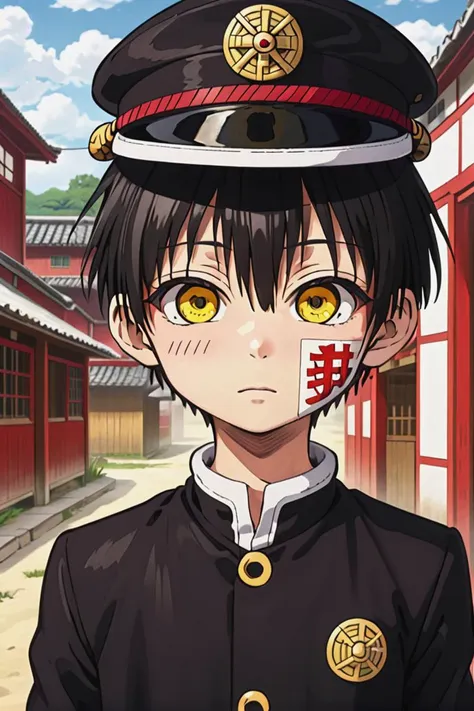 1boy,
masterpiece, ultra detail, 
 <lora:hanako-000008:0.6>
hanako, solo, looking at viewer, sneer , black hair,  school uniform, yellow eyes,  standing, whole body, hat, ofuda, hitodama, gakuran, village
 <lora:XDetail_heavy:1>