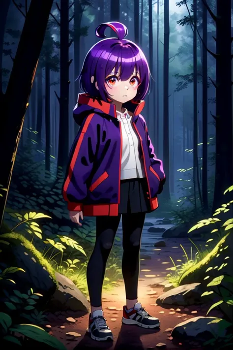 1girl named yayoi_hozuki, she has short purple hair with bangs,
Her eyes are red with a skill pattern,
she is wearing a long sleeved jacket and a white shirt,
she is standing in the forest, black pants
The soft lighting and detailed surroundings create an immersive environment where imagination runs wild hyper-detailed,hyper-detailed face, high quality visuals, dim Lighting, sharply focused, octane render, 8k UHD
 <lora:yayoi-000020:0.7>