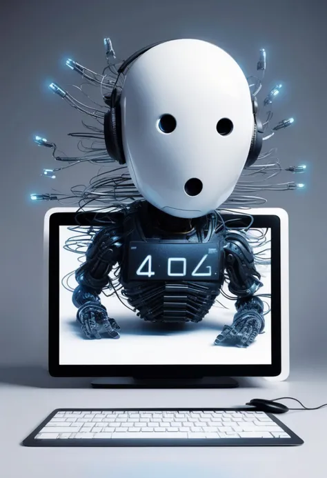 a robot with headphones on and a black background with a black background and a white robot with headphones on, Android Jones, cybernetic, cyberpunk art, computer art