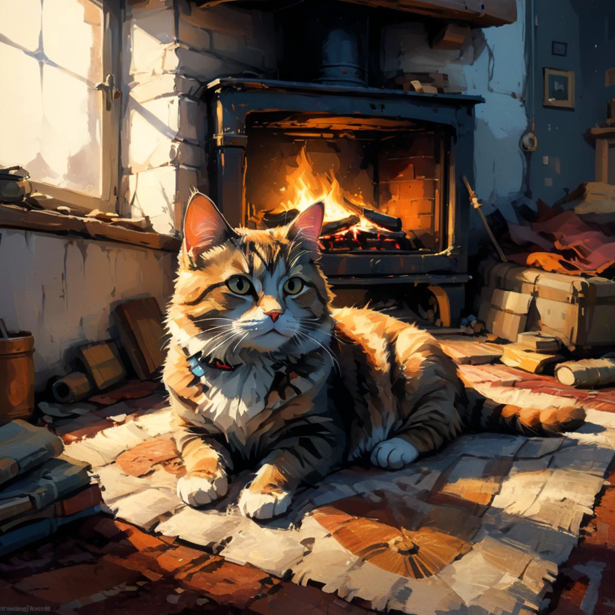 professional painting by Ian McQue of a single cat laying on a rug. There is fireplace and window in the background. It is winter evening time. cinematic focus on the cat, dynamic pose, dynamic background, dynamic composition, dynamic lighting, realistic proportions, hdr, raytracing, extreme detailed, ultra detailed, intricate details, highly detailed atmosphere, highly detailed textures.