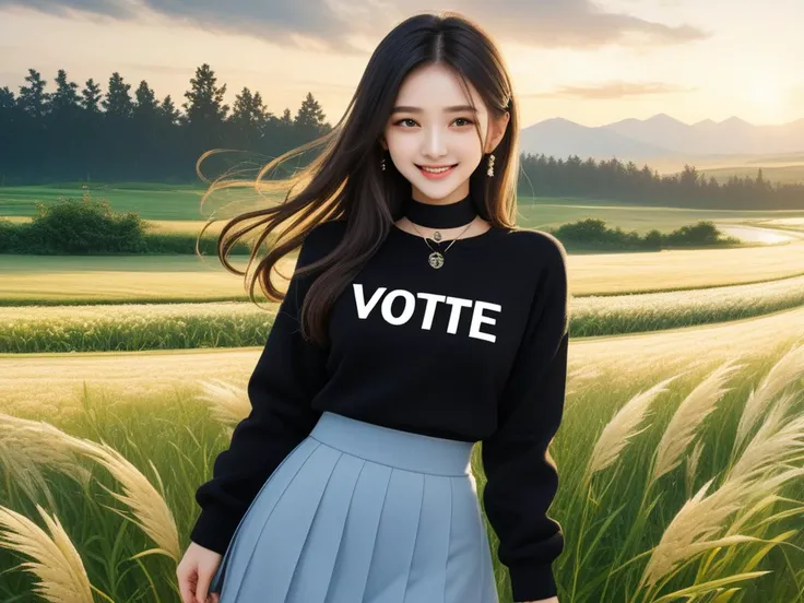 1girl, beautiful asian girl, detail face and eyes, exquisite facial features, symmetrical eyes, long shape face, long hair, floating hair, smile, dimples, white teeth, sweater, jacket around waist, long skirt, accessories, bracelet, black choker, flower field, grass, a cloud that says (vote copax:1.9), high details, (masterpiece, top quality, best quality, official art, beautiful and aesthetic:1.5), 32k, RAW photo, (high detailed skin:1.2), 8k uhd, dslr, soft lighting, high quality, film grain, ultra realistic, soft colors,