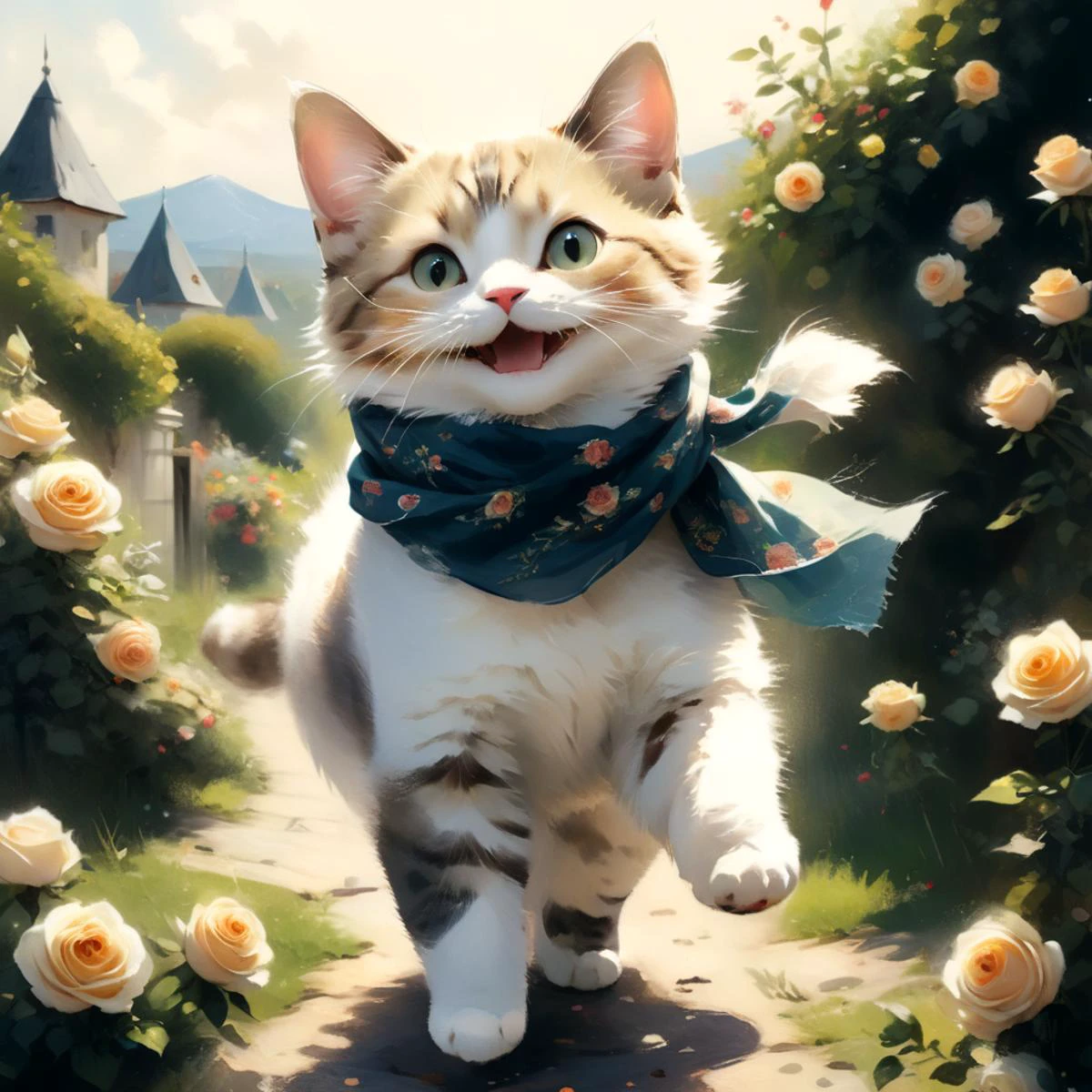 professional painting by Alayna Lemmer of a single cat wearing a small silk scarf. The cat is dancing and has happy expression. It is summer morning time and clear weather. There is a roses garden in the background. cinematic focus on the cat, dynamic pose, dynamic background, dynamic composition, dynamic lighting, realistic proportions, hdr, raytracing, extreme detailed, ultra detailed, intricate details, highly detailed atmosphere, highly detailed textures.