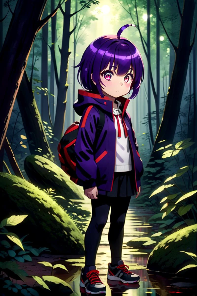 1girl named yayoi_hozuki, she has short purple hair with bangs,
Her eyes are red with a skill pattern,
she is wearing a long sleeved jacket and a white shirt,
she is standing in the forest, black pants
The soft lighting and detailed surroundings create an immersive environment where imagination runs wild hyper-detailed,hyper-detailed face, high quality visuals, dim Lighting, sharply focused, octane render, 8k UHD
<lora:yayoi-000020:0.7>