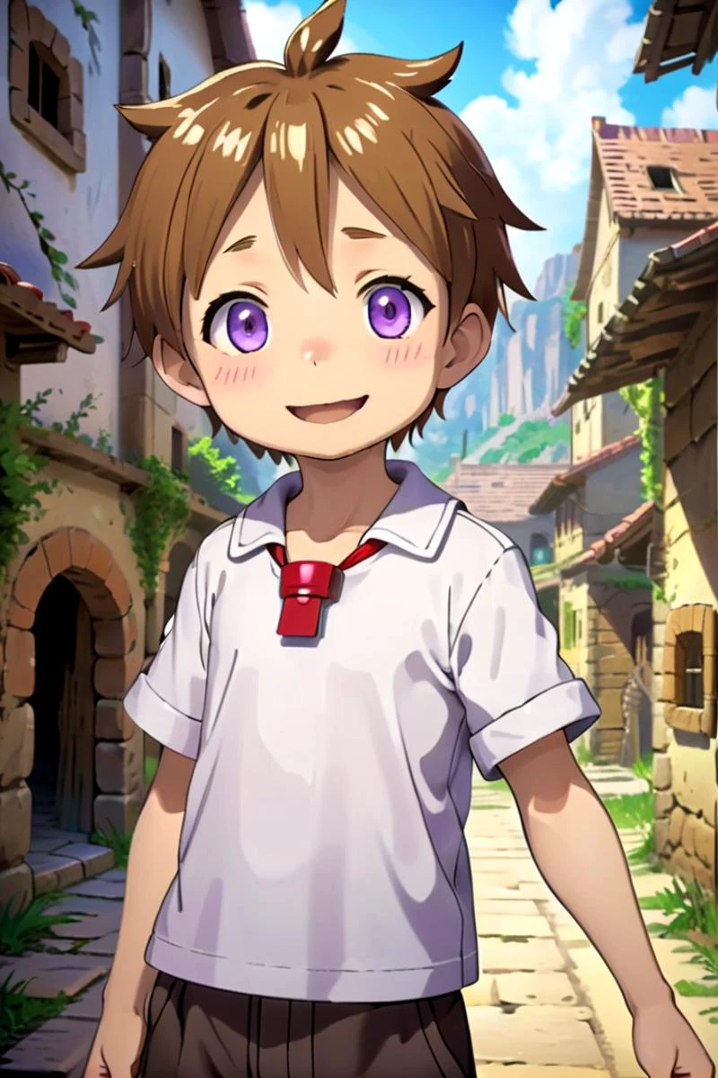 <lora:nat-000025:0.7>
boy named mia_nat standing in a beautiful village,
he is wearing a red whistle around his neck,
he has brown hair blue purple eyes and is smiling,
draw it in the style of Made in Abyss
The soft lighting and detailed surroundings create an immersive environment where imagination runs wild
hyper-detailed,hyper-detailed face, high quality visuals, dim Lighting, sharply focused, octane render, 8k UHD