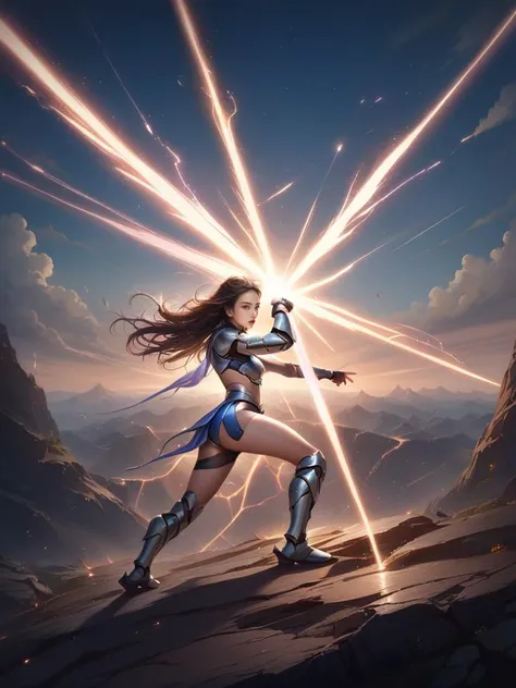a girl fighting with asword,she defends herself with a sword,On the edge of the cliff,panorama,movie light,A 5--old utiful girl wearing a futuristic armor ::1 ,girl swordfighting martial arts style,Chinese fairy taleoackground is points of light,dynamic, cinematic,stunning,realisticighting and shadows,dramatic,stunning,realistic,soft,Koda,16k, colorful,ultra-high definition,exquisite details, super detail