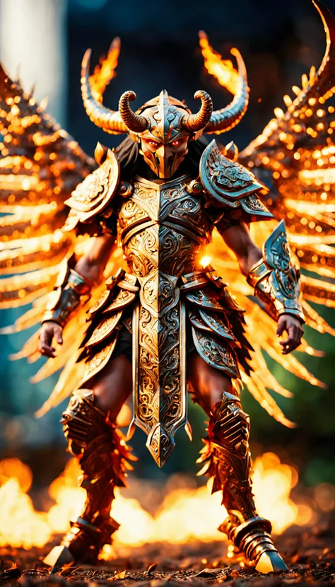 terrifying winged massive gorgon holding an ornate longbow, female, copper armor, tilt-shift, kaleidoscopic, intricately detailed, theatrical lighting, amazing, highly detailed, sharp focus, trending, bokeh, field of view, explosions fire in the background