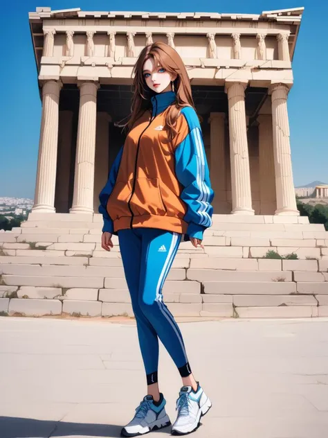 a beautiful 20yo Western girl.Acropolis of Athens - Greece, Erechtheion, architectural marvel.color of Cinnamon brown and frosty blue.Casual or sports wear.Fullbody shot, professional photography