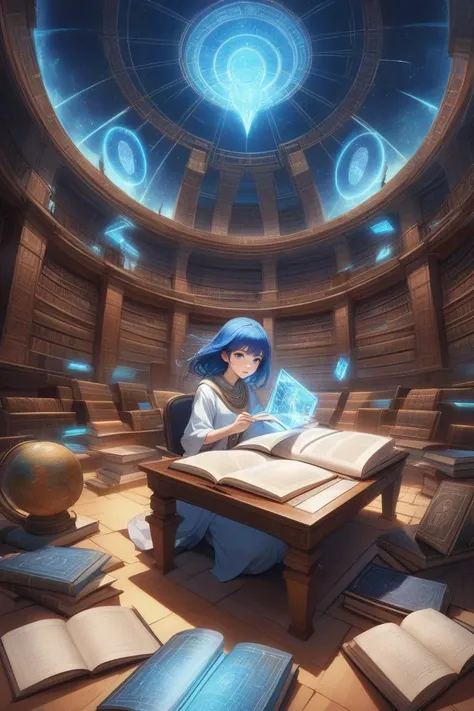 A scholarly anime girl with glowing blue hair, surrounded by floating holographic books and scrolls, deeply engrossed in studying ancient alien civilizations in a vast intergalactic library.