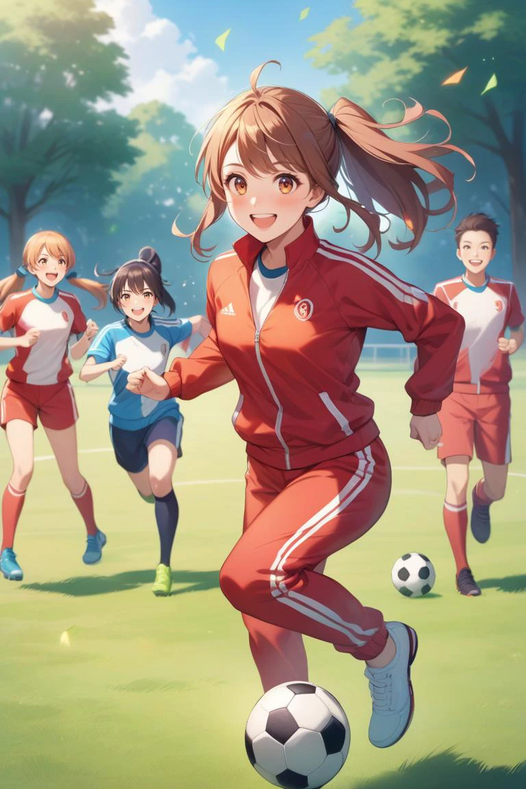 A sporty anime girl with energetic ponytails and a vibrant tracksuit, enthusiastically playing soccer in a park with friends, her face lit up with a competitive, joyful smile.