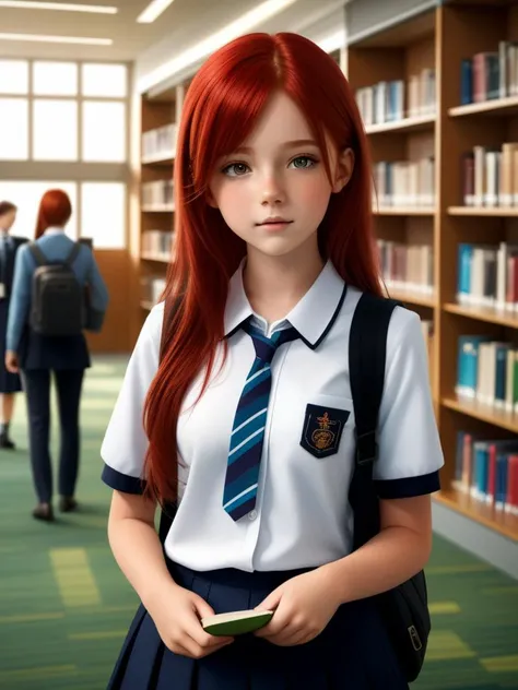 a girl in lobby library, full body, school uniform, red hair, detail eyes, realistic, long hair, raw photo