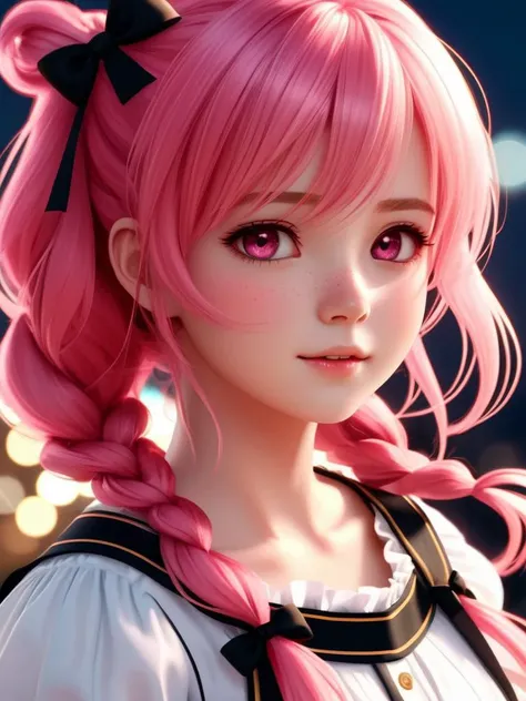 red green black eyes, rutkowski repin, wlop, natural pink hair realistic , image, bokeh, night, of an incredibly beautiful happy, woman anime style , large pefect eyes Jean-Baptiste Monge style, with highlights in her eyes, light freckles pink and white frilly dress and plaited hair with ribbons stanley artgerm lau style, wlop style, rossdraws style, outdoor hyper detailed , (((rich dark shadows))), Wlop, Artgem , artstation, cgsociety, 8K UHD, HDR
