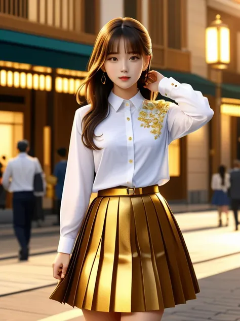 (masterpiece,best quality:1.5),ultra realistic,32k,RAW photo,(high detailed skin:1.2), 8k uhd, dslr, soft lighting, high quality, film grain,lots of details ,pleated skirt , button down shirt ,pretty lady , royal style, gold accessories,, 1girl, anime