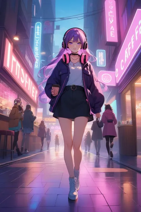 A trendy anime girl with stylish purple hair and headphones around her neck, casually strolling through a bustling city street lined with glowing neon signs and trendy cafes.