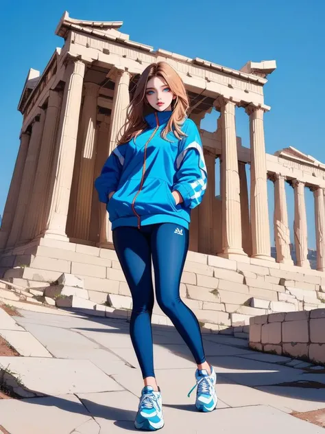 a beautiful 20yo Western girl.Acropolis of Athens - Greece, Erechtheion, architectural marvel.color of Cinnamon brown and frosty blue.Casual or sports wear.Fullbody shot, professional photography