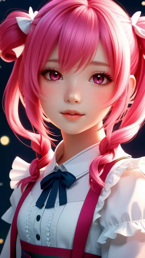 red green black eyes, rutkowski repin, wlop, natural pink hair realistic , image, bokeh, night, of an incredibly beautiful happy, woman anime style , large pefect eyes Jean-Baptiste Monge style, with highlights in her eyes, light freckles pink and white frilly dress and plaited hair with ribbons stanley artgerm lau style, wlop style, rossdraws style, outdoor hyper detailed , (((rich dark shadows))), Wlop, Artgem , artstation, cgsociety, 8K UHD, HDR
