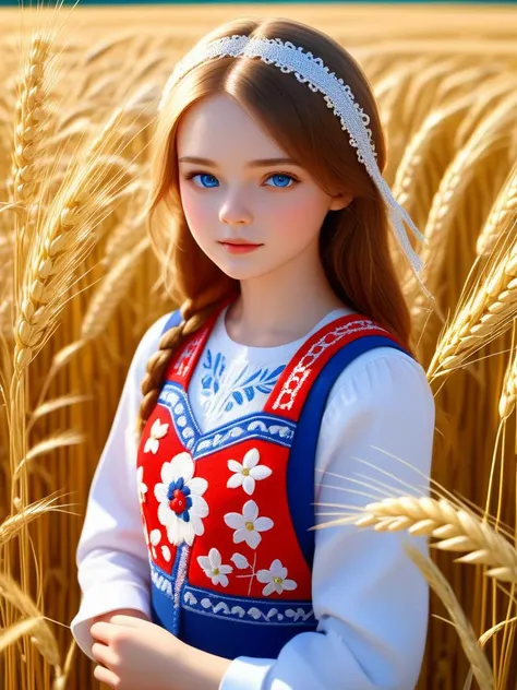 professional photo of girl, Embroidery, russia, red blue white, intricate, detailed, detailed skin, detailed eyes, photo made with Canon EOS, volumetric light, wheat field, popular on artstation, popular on deviantart, popular on flicker, look viewer