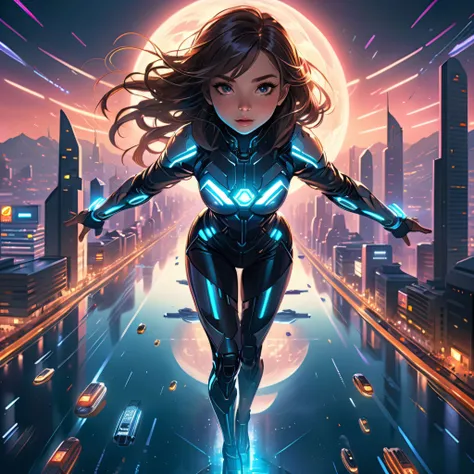 anime girl floating over a futuristic city, intricate cute colorful reflective outfit, detailed face, stern, masterpiece