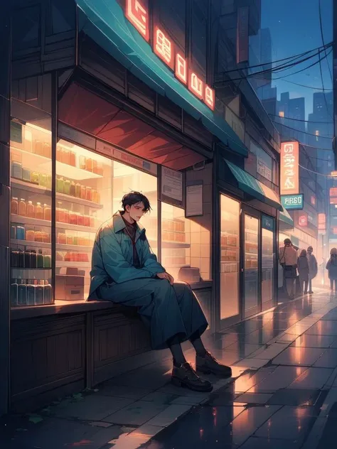 a man without work and livelihood sits on the sidewalk near a store in a noisy city