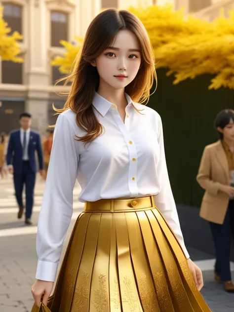 (masterpiece,best quality:1.5),ultra realistic,32k,RAW photo,(high detailed skin:1.2), 8k uhd, dslr, soft lighting, high quality, film grain,lots of details ,pleated skirt , button down shirt ,pretty lady , royal style, gold accessories,, 1girl, anime