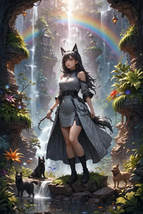 Mushroomcore,highly detailed,textured skin,high details,detailed face,masterpiece,detailed hair,
A woman \Alleyne (queen's blade)\ is riding on  Sable Black German Shepherd and medium-sized gray herbaceous-stemmed undulate plant,    chartreuse non-albuminous seeds, streaked,  spreading root  in a rainbow valley, roaring waterfall  setting,short lighting,wild hair,oversized full body clothing, scoop neck, quantum alloy,  ethereal glowstone lanterns, three-quarter sleeves, mini length, high waist, pencil skirt, side pockets,,prints,,pockets,,layered look,raw wash,Over-the-calf socks,full body,
<lora:OMG-Is-DucHaiten_v1.0:0.4>,<lora:clearHandExtract:0.8>,<lora:PAseer-SDXL-AcceleratorLighting:1>,