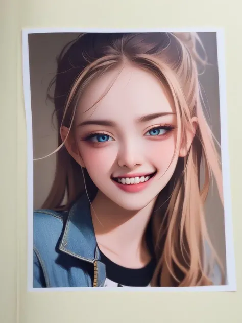 closeup of a crazy girl, pale, crazed, jean jacket, color yearbook photo
