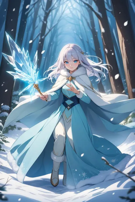 A mystical anime girl with silver hair and icy blue eyes, wielding a crystal wand, casting frost spells in a snowy forest, her cloak fluttering magically in the winter breeze.