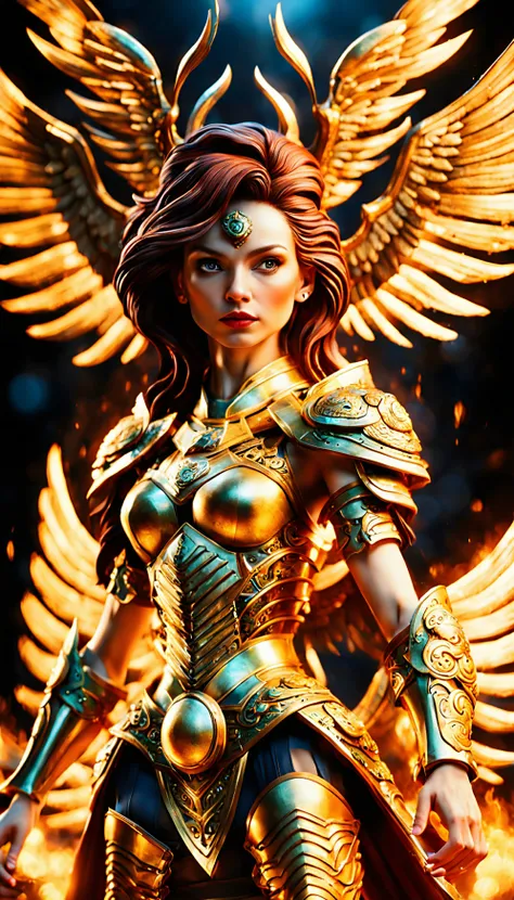 terrifying winged massive gorgon female holding an ornate copper brass gold armor, longbow, tilt-shift, kaleidoscopic, texture, intricately detailed, theatrical lighting, amazing, highly detailed, sharp focus, trending, bokeh, field of view, explosions fire in the background