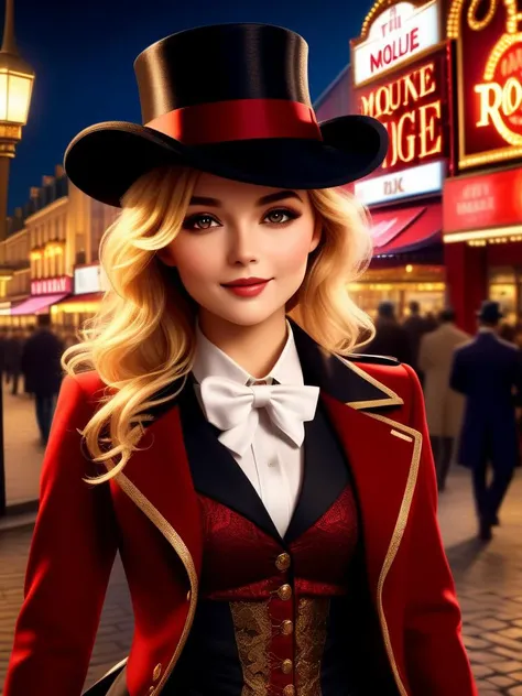 full shot, (((masterpiece))), (hyperrealism:1.5), High Detail RAW color Photo, Stunning young french girl, beautiful girl, model girl, (outside moulin rouge), night, red steampunk ringmaster tailcoat, hat, Cigarillo with smoke rising, seductive grin, smokey eye shadow, high detail skin, high detail eyes, seductive eyes, smokey makeup, wild blonde hair, Wavy Cut with Curtain Bangs, high detail hair, long wavy hair, detailed clothing, intricate clothing, beautiful Super Detailed, Best Quality, Professional Lighting, Cinematic Lighting, beautiful dramatic lighting, shallow depth of field, physics-based rendering, 8k, Bokeh, highest quality, ultra high resolution, professional, 4k, highly detailed,